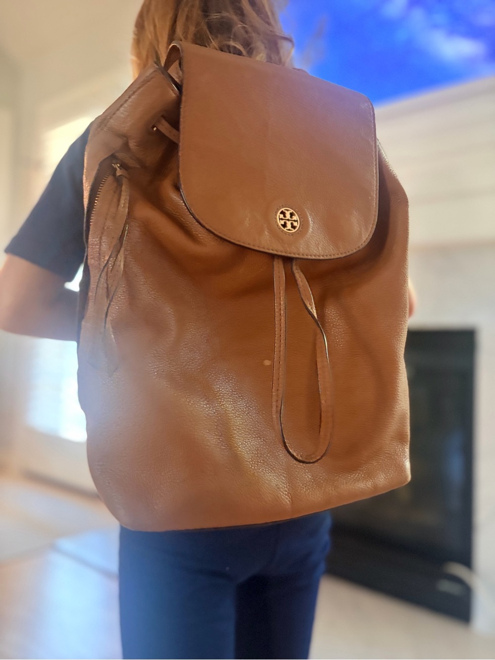 Tory Burch Tan Leather Flap Drawstring Backpack